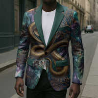 Amunet Ancient Temple Egyptian Blazer with Golden Serpent Mythology in Teal Tones