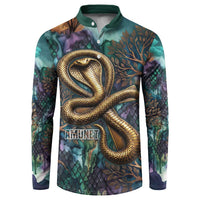 Amunet Ancient Temple Egyptian Button Sweatshirt with Golden Serpent Mythology in Teal Tones