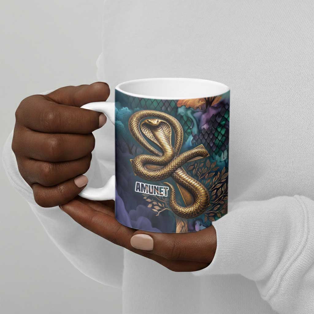 Amunet Ancient Temple Egyptian Ceramic Mug with Golden Serpent Mythology in Teal Tones