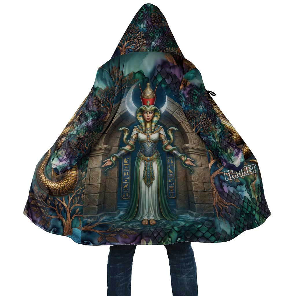 Amunet Ancient Temple Egyptian Cloak with Golden Serpent Mythology in Teal Tones
