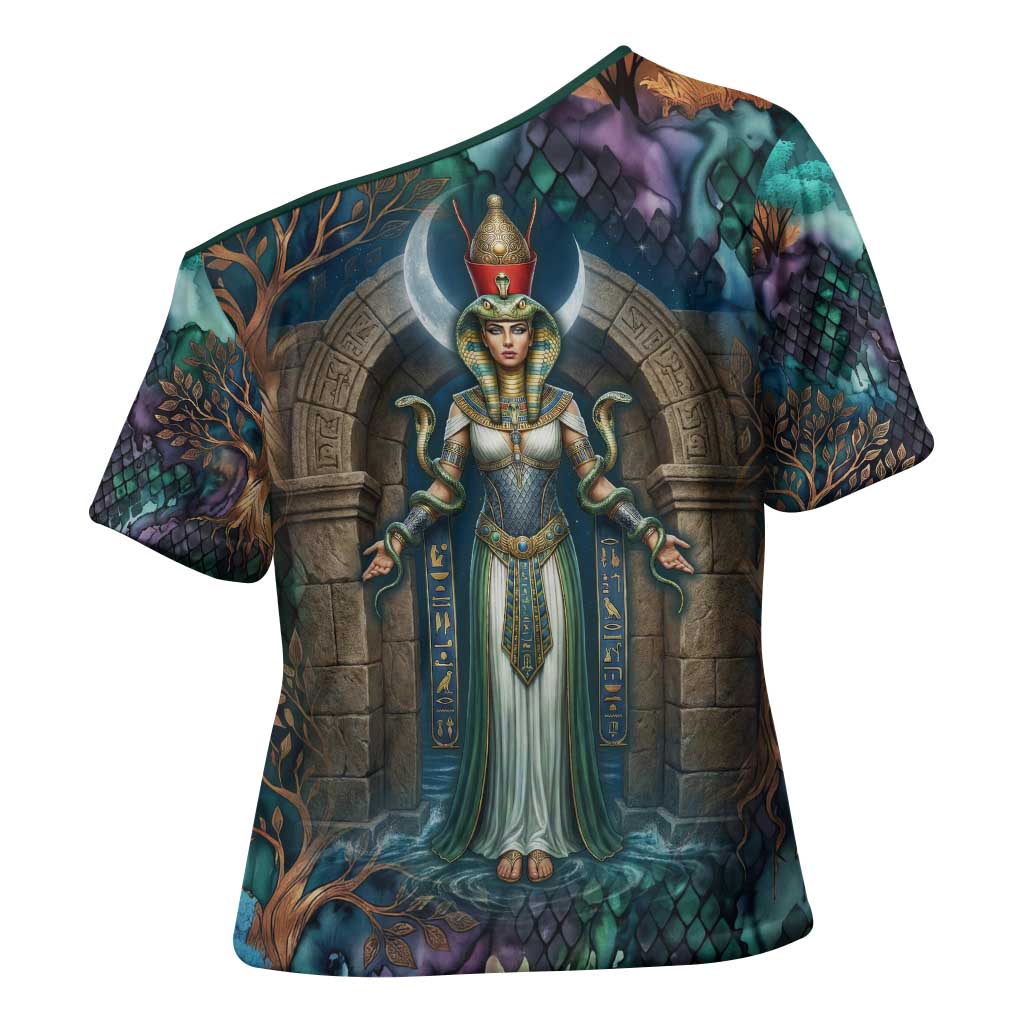 Amunet Ancient Temple Egyptian Cross Shoulder Shirt with Golden Serpent Mythology in Teal Tones