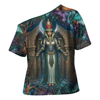 Amunet Ancient Temple Egyptian Cross Shoulder Shirt with Golden Serpent Mythology in Teal Tones