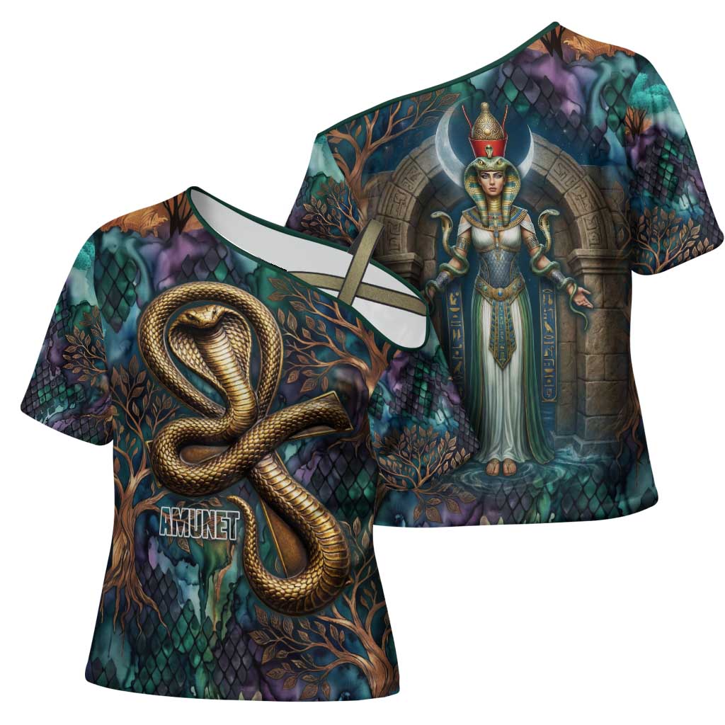 Amunet Ancient Temple Egyptian Cross Shoulder Shirt with Golden Serpent Mythology in Teal Tones