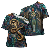 Amunet Ancient Temple Egyptian Cross Shoulder Shirt with Golden Serpent Mythology in Teal Tones