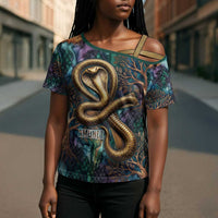 Amunet Ancient Temple Egyptian Cross Shoulder Shirt with Golden Serpent Mythology in Teal Tones