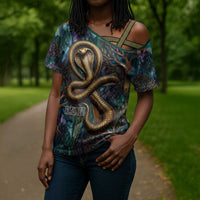 Amunet Ancient Temple Egyptian Cross Shoulder Shirt with Golden Serpent Mythology in Teal Tones