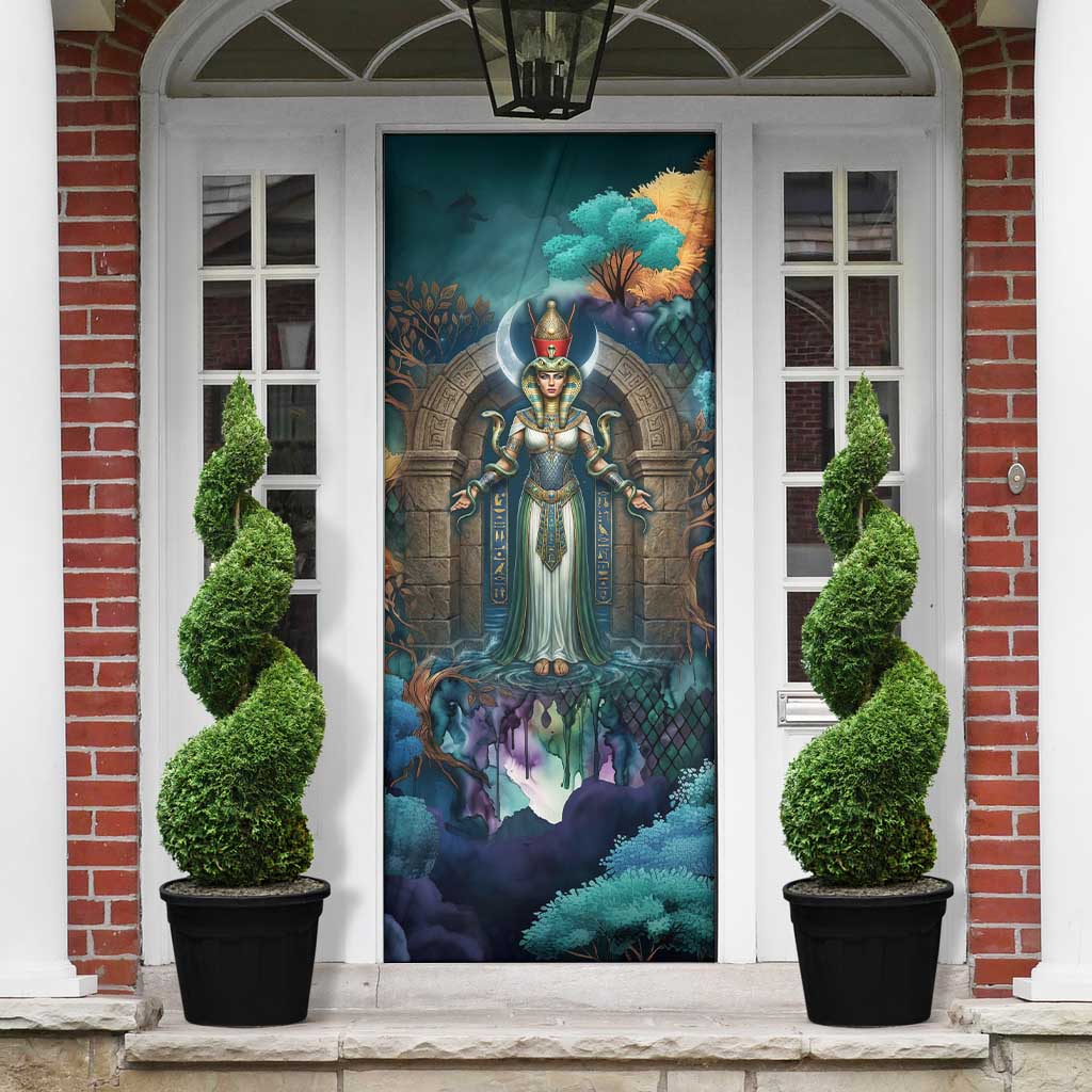 Amunet Ancient Temple Egyptian Door Cover with Golden Serpent Mythology in Teal Tones