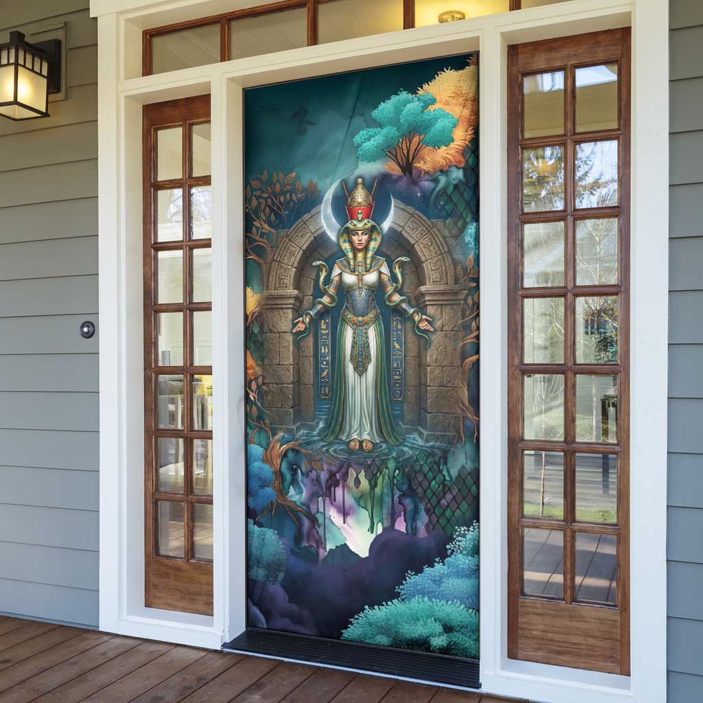 Amunet Ancient Temple Egyptian Door Cover with Golden Serpent Mythology in Teal Tones