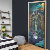 Amunet Ancient Temple Egyptian Door Cover with Golden Serpent Mythology in Teal Tones