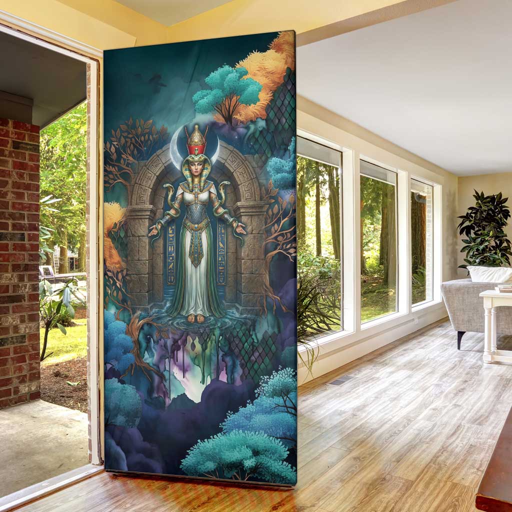 Amunet Ancient Temple Egyptian Door Cover with Golden Serpent Mythology in Teal Tones