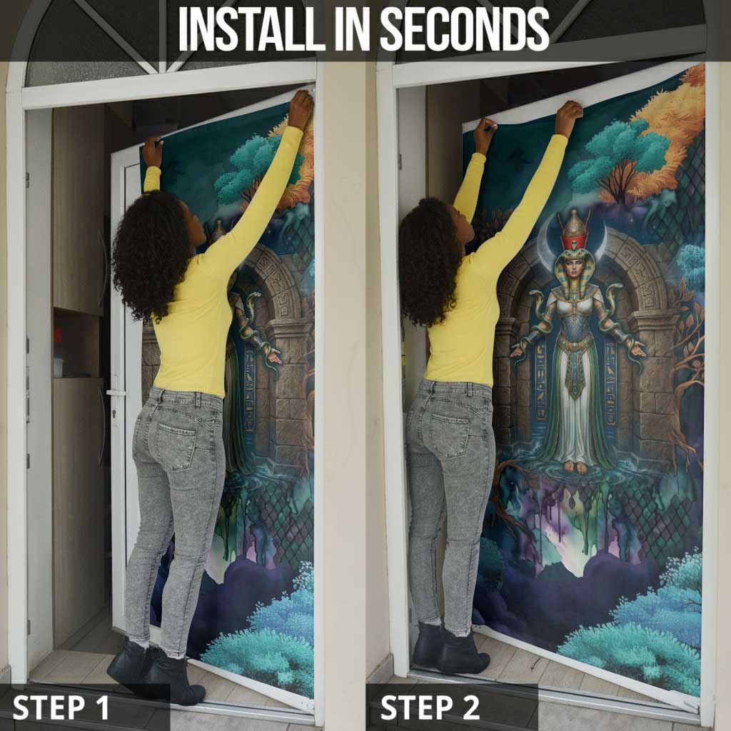 Amunet Ancient Temple Egyptian Door Cover with Golden Serpent Mythology in Teal Tones