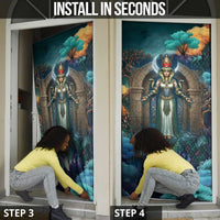 Amunet Ancient Temple Egyptian Door Cover with Golden Serpent Mythology in Teal Tones
