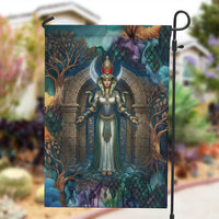 Amunet Ancient Temple Egyptian Garden Flag with Golden Serpent Mythology in Teal Tones