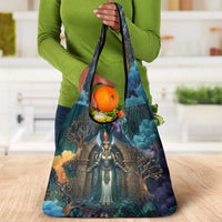Amunet Ancient Temple Egyptian Grocery Bag with Golden Serpent Mythology in Teal Tones