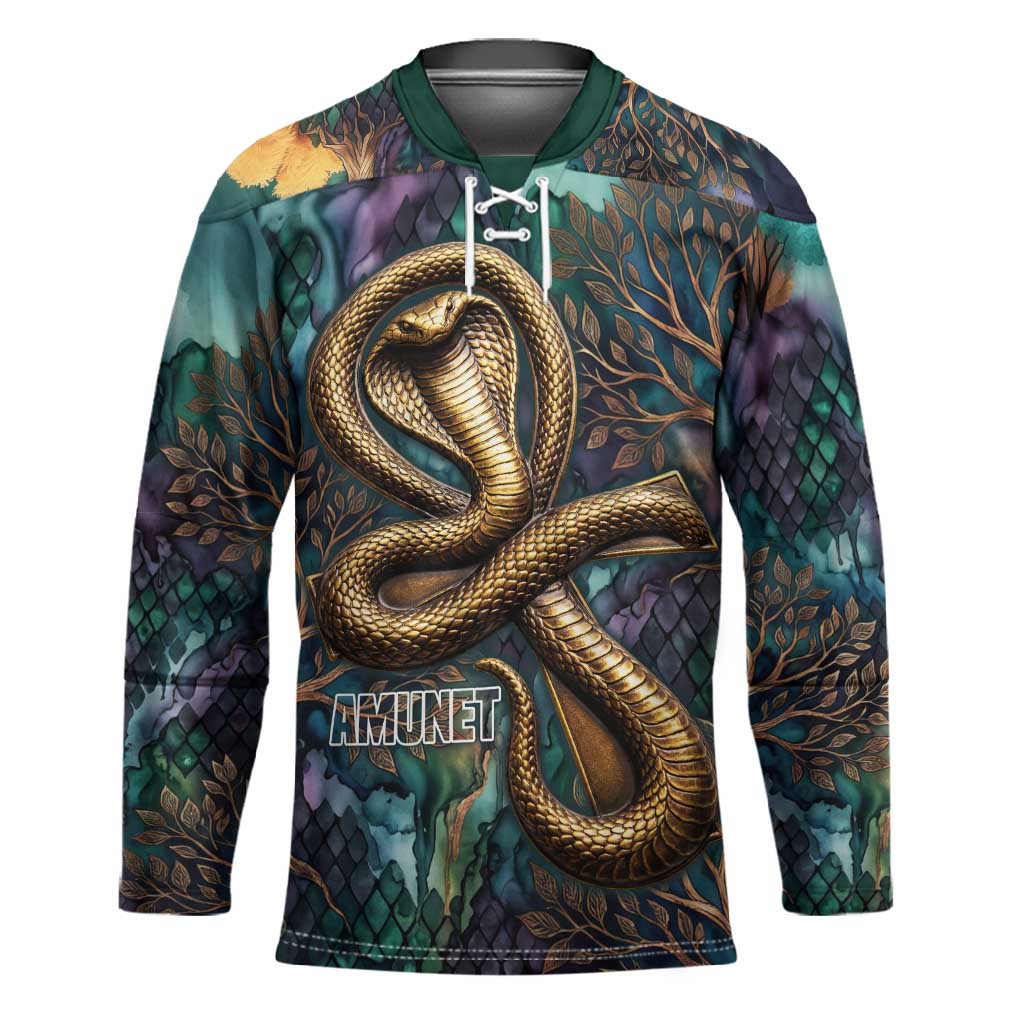 Amunet Ancient Temple Egyptian Hockey Jersey with Golden Serpent Mythology in Teal Tones