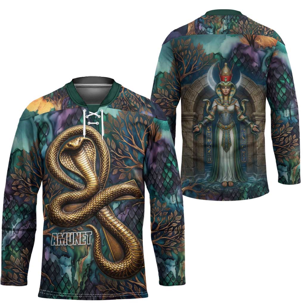 Amunet Ancient Temple Egyptian Hockey Jersey with Golden Serpent Mythology in Teal Tones