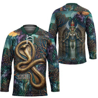 Amunet Ancient Temple Egyptian Hockey Jersey with Golden Serpent Mythology in Teal Tones