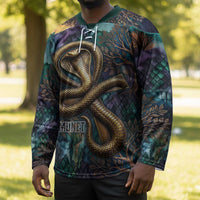 Amunet Ancient Temple Egyptian Hockey Jersey with Golden Serpent Mythology in Teal Tones