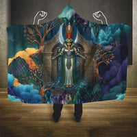 Amunet Ancient Temple Egyptian Hooded Blanket with Golden Serpent Mythology in Teal Tones