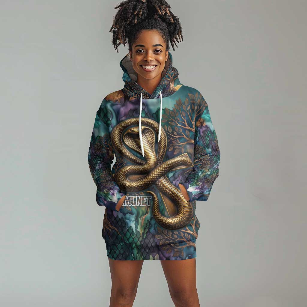 Amunet Ancient Temple Egyptian Hoodie Dress with Golden Serpent Mythology in Teal Tones