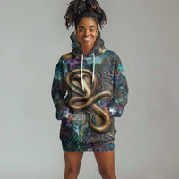 Amunet Ancient Temple Egyptian Hoodie Dress with Golden Serpent Mythology in Teal Tones