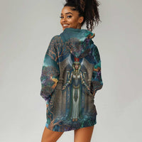 Amunet Ancient Temple Egyptian Hoodie Dress with Golden Serpent Mythology in Teal Tones