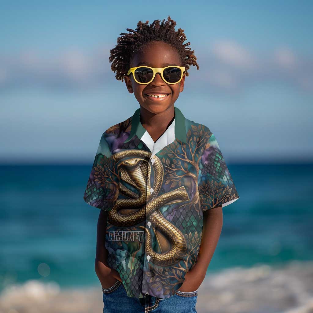 Amunet Ancient Temple Egyptian Kid Hawaiian Shirt with Golden Serpent Mythology in Teal Tones