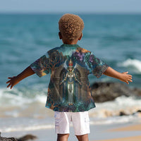 Amunet Ancient Temple Egyptian Kid Hawaiian Shirt with Golden Serpent Mythology in Teal Tones