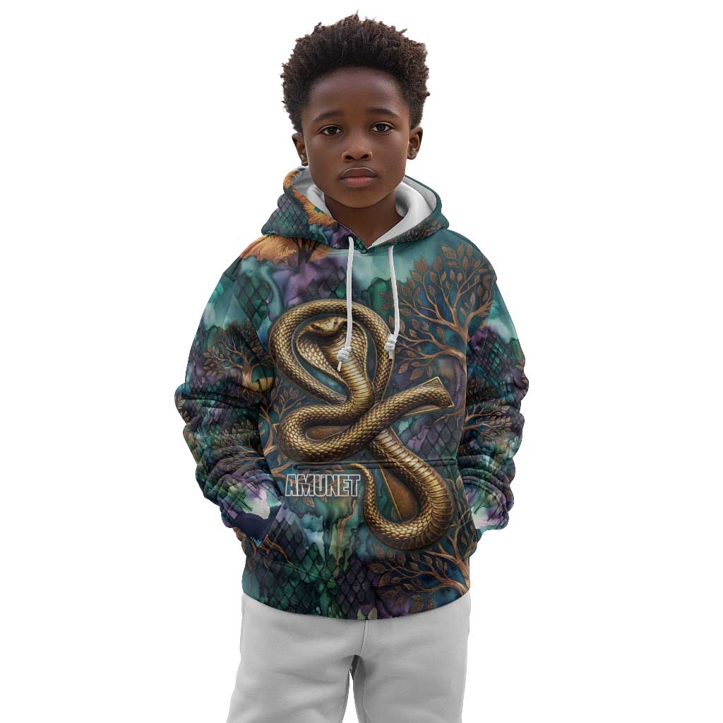 Amunet Ancient Temple Egyptian Kid Hoodie with Golden Serpent Mythology in Teal Tones