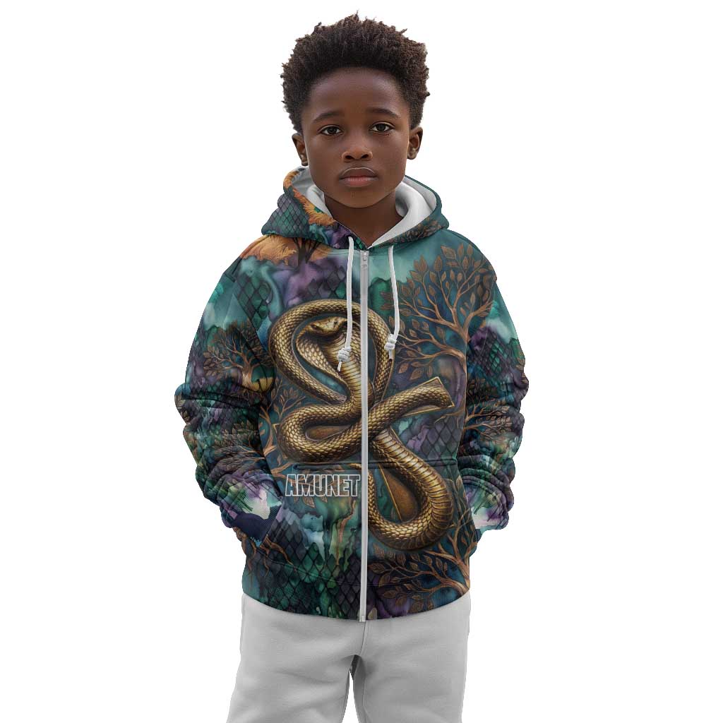 Amunet Ancient Temple Egyptian Kid Hoodie with Golden Serpent Mythology in Teal Tones