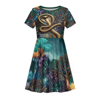 Amunet Ancient Temple Egyptian Kid Short Sleeve Dress with Golden Serpent Mythology in Teal Tones