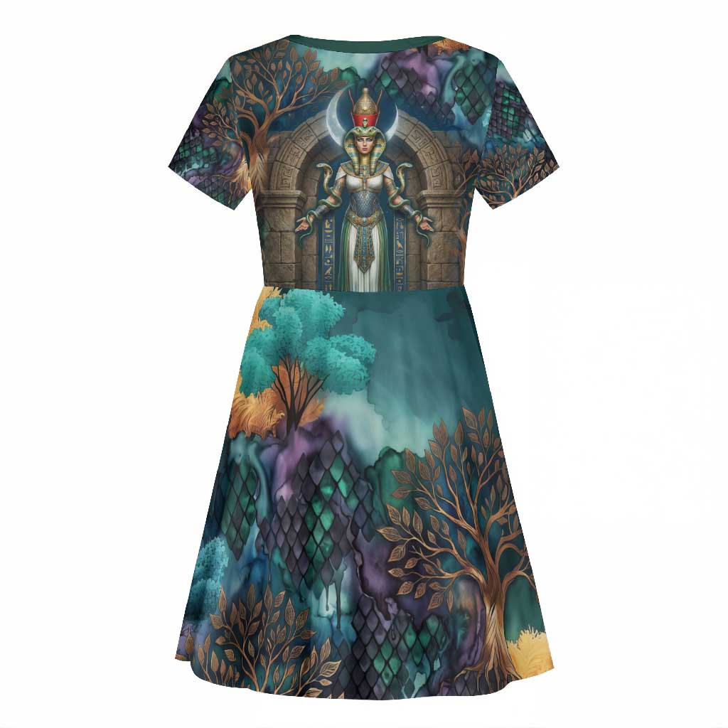 Amunet Ancient Temple Egyptian Kid Short Sleeve Dress with Golden Serpent Mythology in Teal Tones