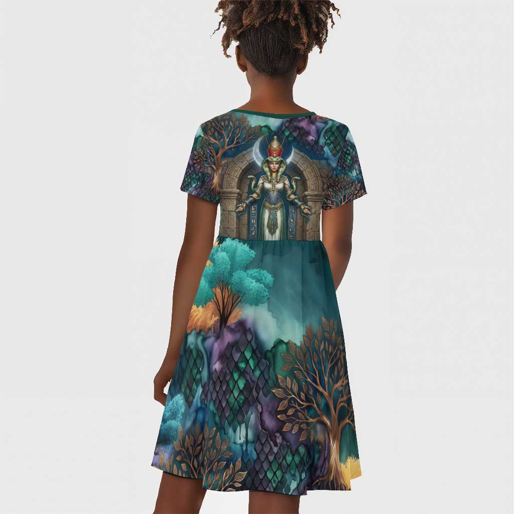 Amunet Ancient Temple Egyptian Kid Short Sleeve Dress with Golden Serpent Mythology in Teal Tones