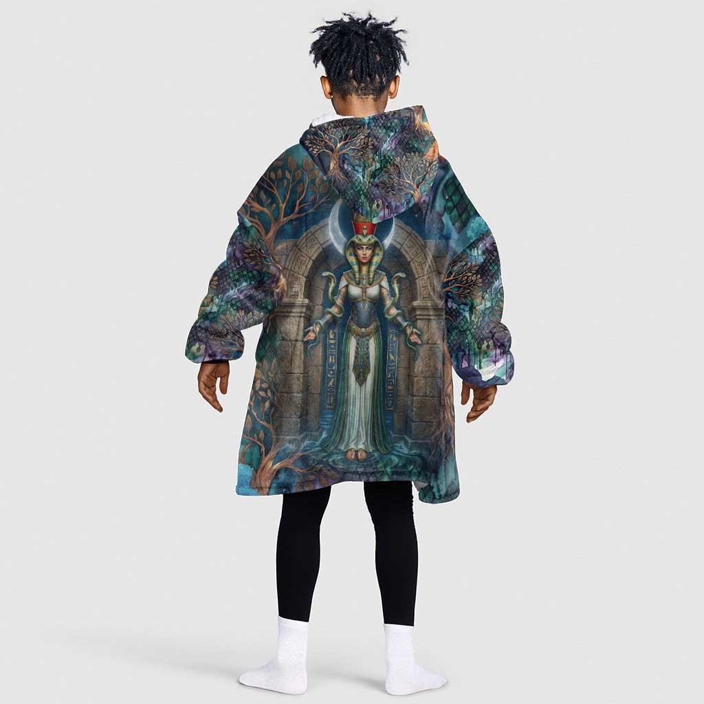 Amunet Ancient Temple Egyptian Kid Wearable Blanket Hoodie with Golden Serpent Mythology in Teal Tones