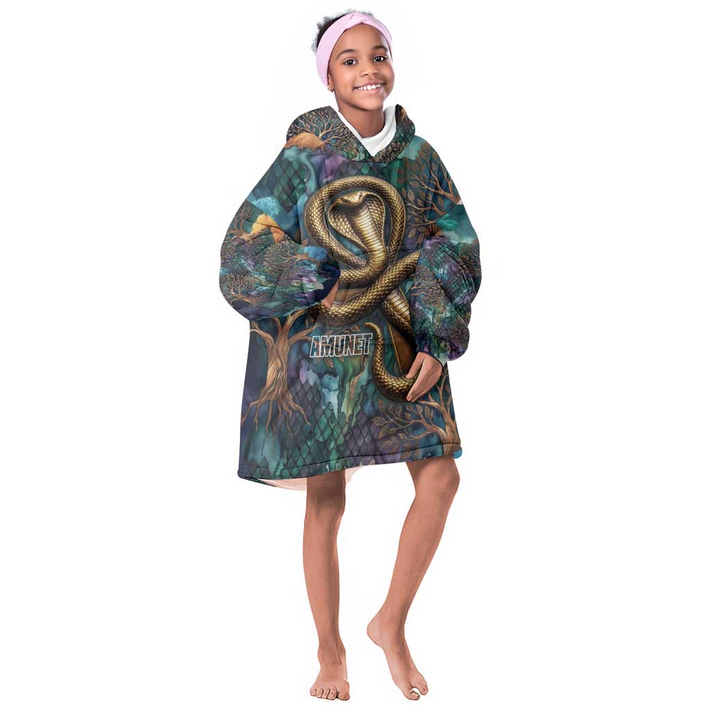 Amunet Ancient Temple Egyptian Kid Wearable Blanket Hoodie with Golden Serpent Mythology in Teal Tones