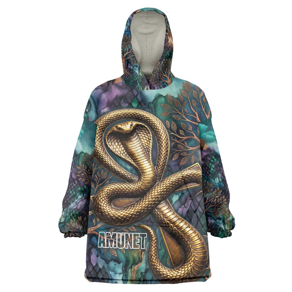 Amunet Ancient Temple Egyptian Kid Wearable Blanket Hoodie with Golden Serpent Mythology in Teal Tones