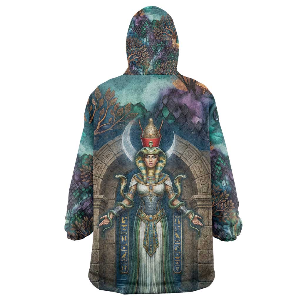 Amunet Ancient Temple Egyptian Kid Wearable Blanket Hoodie with Golden Serpent Mythology in Teal Tones