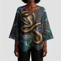 Amunet Ancient Temple Egyptian Kimono Sleeve Blouse with Golden Serpent Mythology in Teal Tones