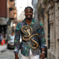 Amunet Ancient Temple Egyptian Long Sleeve Button Shirt with Golden Serpent Mythology in Teal Tones