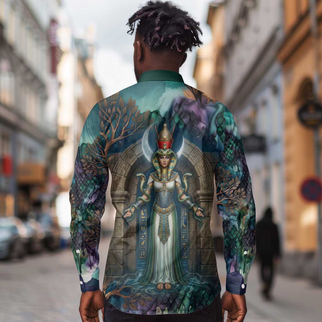 Amunet Ancient Temple Egyptian Long Sleeve Button Shirt with Golden Serpent Mythology in Teal Tones