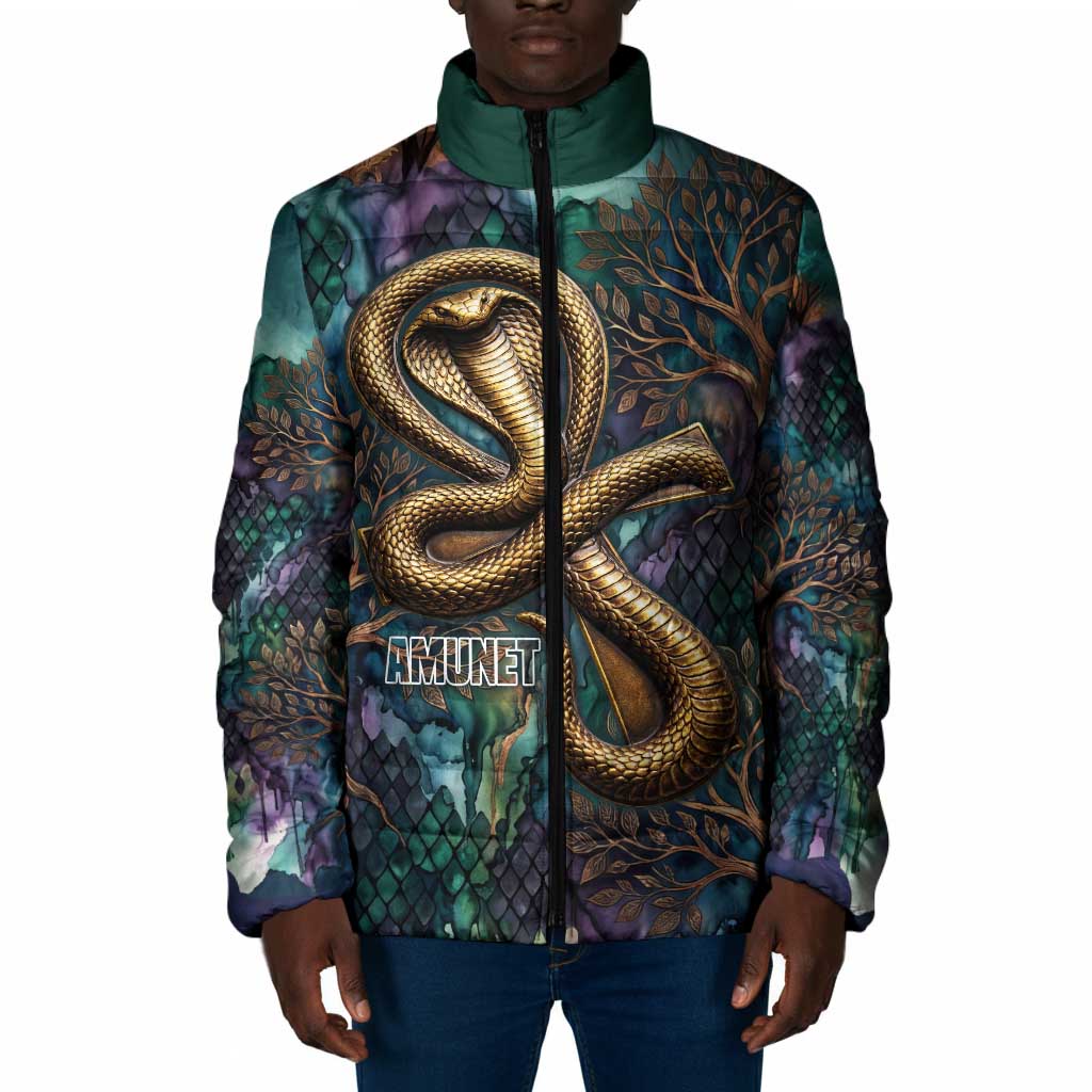 Amunet Ancient Temple Egyptian Padded Jacket with Golden Serpent Mythology in Teal Tones
