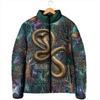 Amunet Ancient Temple Egyptian Padded Jacket with Golden Serpent Mythology in Teal Tones