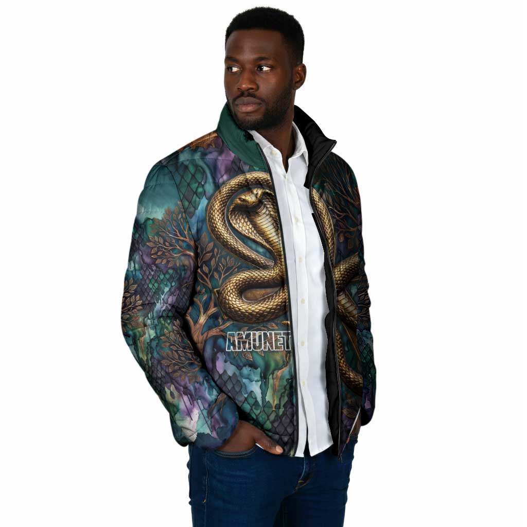 Amunet Ancient Temple Egyptian Padded Jacket with Golden Serpent Mythology in Teal Tones