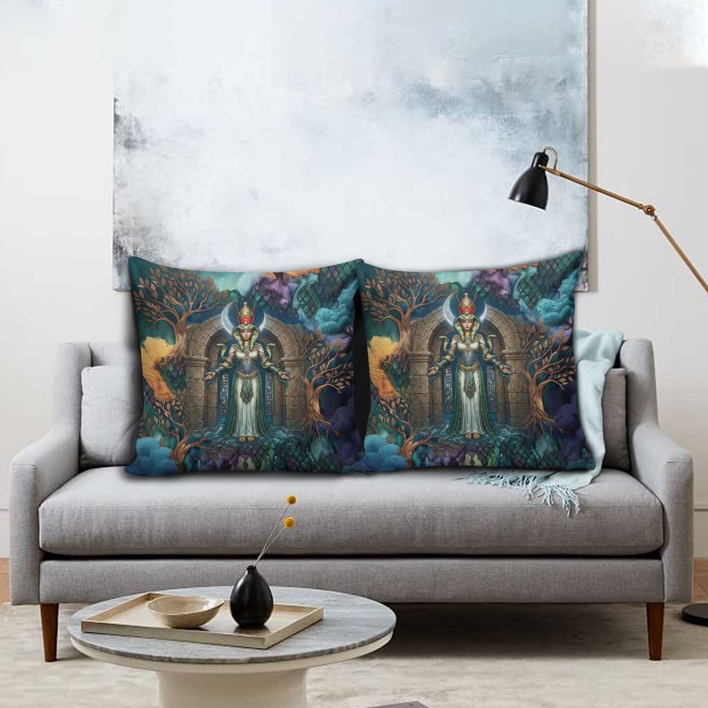 Amunet Ancient Temple Egyptian Pillow Cover with Golden Serpent Mythology in Teal Tones