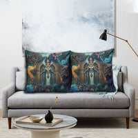 Amunet Ancient Temple Egyptian Pillow Cover with Golden Serpent Mythology in Teal Tones