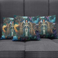 Amunet Ancient Temple Egyptian Pillow Cover with Golden Serpent Mythology in Teal Tones