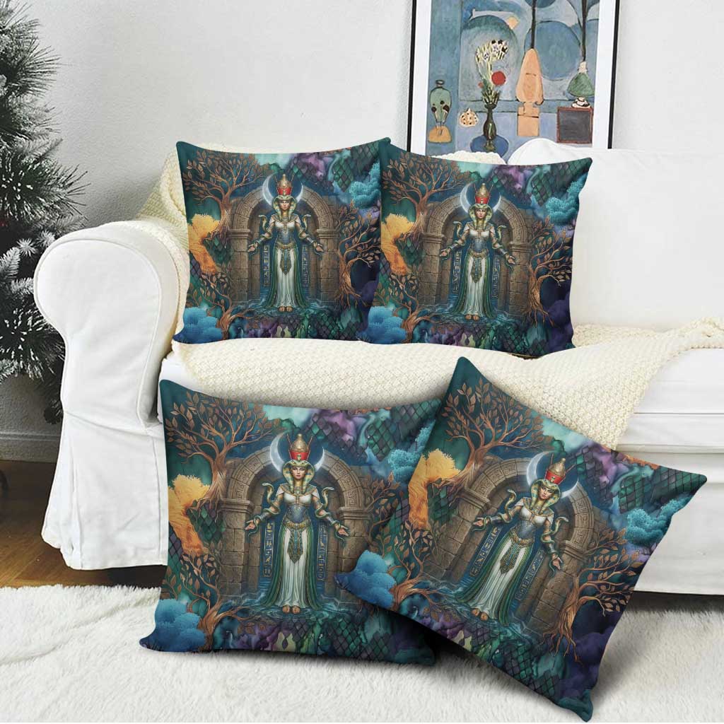Amunet Ancient Temple Egyptian Pillow Cover with Golden Serpent Mythology in Teal Tones