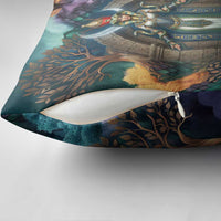 Amunet Ancient Temple Egyptian Pillow Cover with Golden Serpent Mythology in Teal Tones