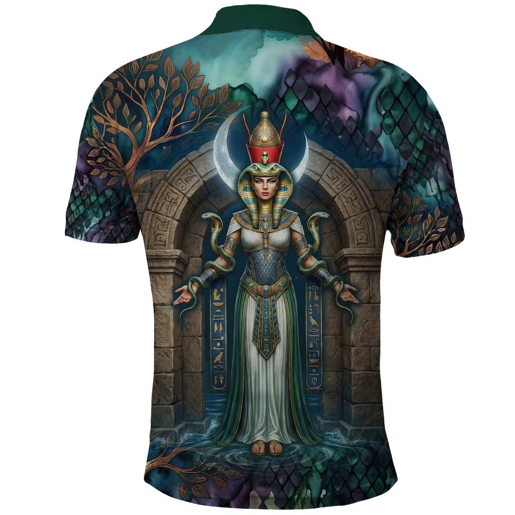 Amunet Ancient Temple Egyptian Polo Shirt with Golden Serpent Mythology in Teal Tones