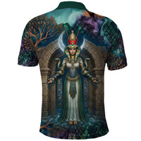 Amunet Ancient Temple Egyptian Polo Shirt with Golden Serpent Mythology in Teal Tones